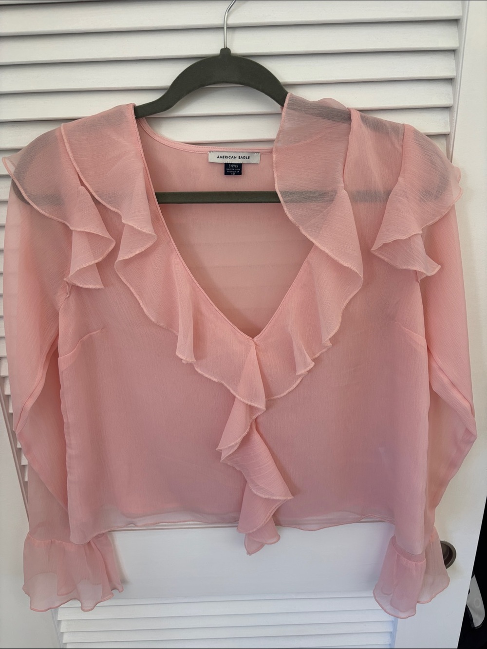 American Eagle Outfitters Blush Pink Ruffled V-Neck Chiffon Blouse